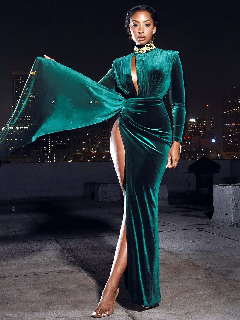 VELVET CUTOUT HIGH SLIT DRESS