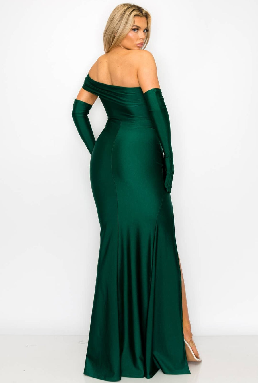 TATIANA ONE SHOULDER RUCHED OPEN LEG DRESS W/GLOVES
