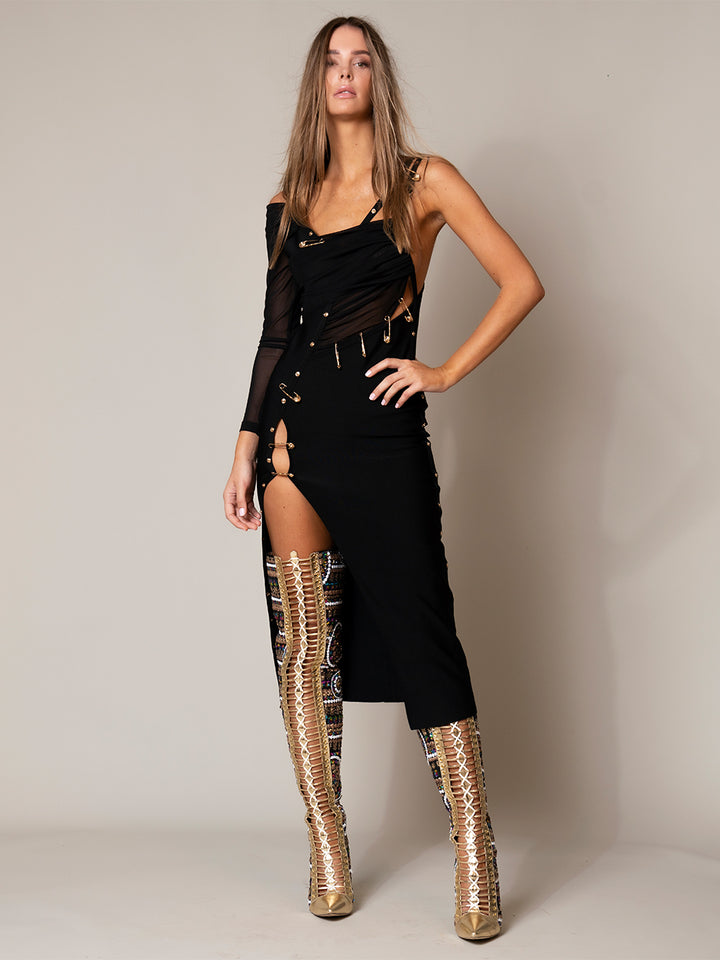 ONE SHOULDER SAFETY PIN MIDI DRESS