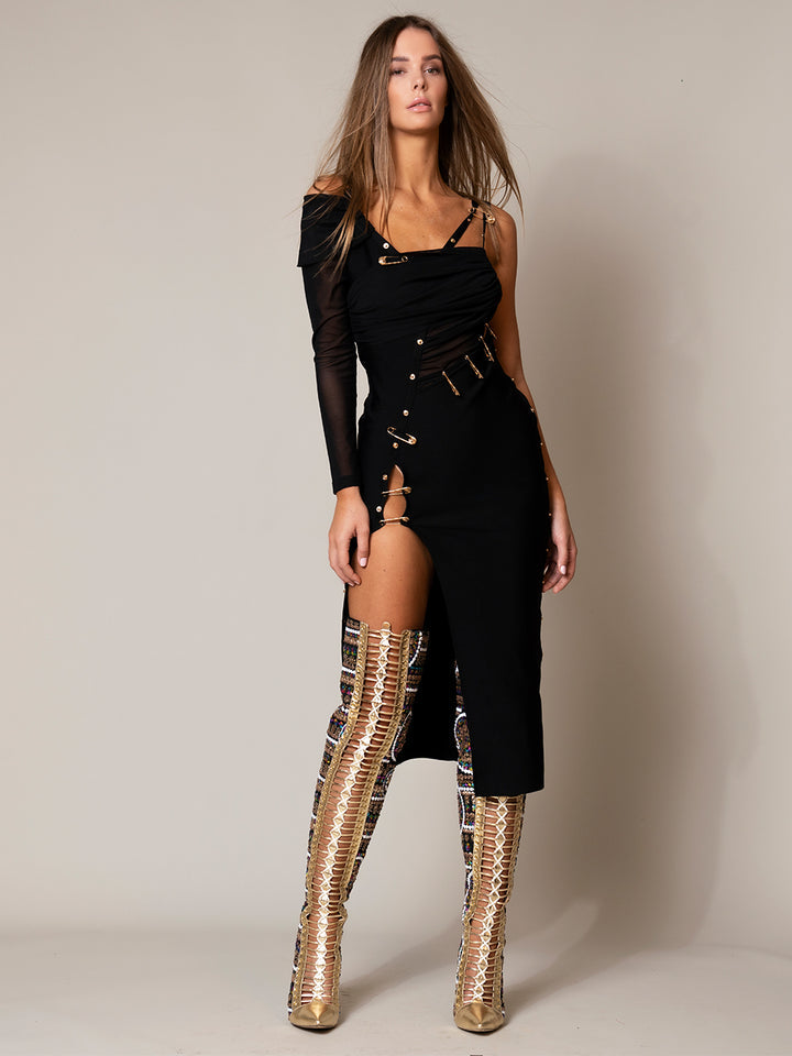 ONE SHOULDER SAFETY PIN MIDI DRESS