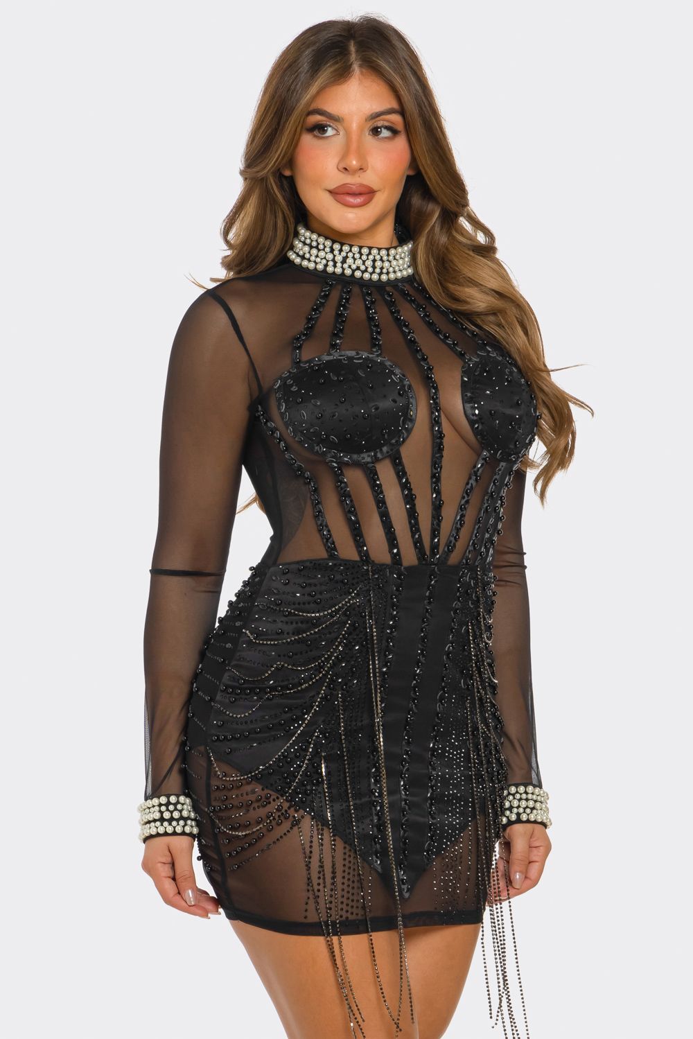 RHINESTONE MESH MINI DRESS