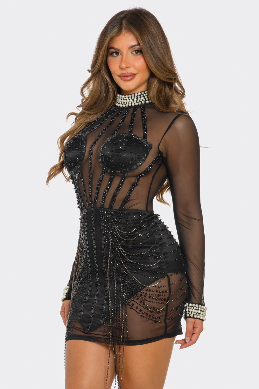 RHINESTONE MESH MINI DRESS