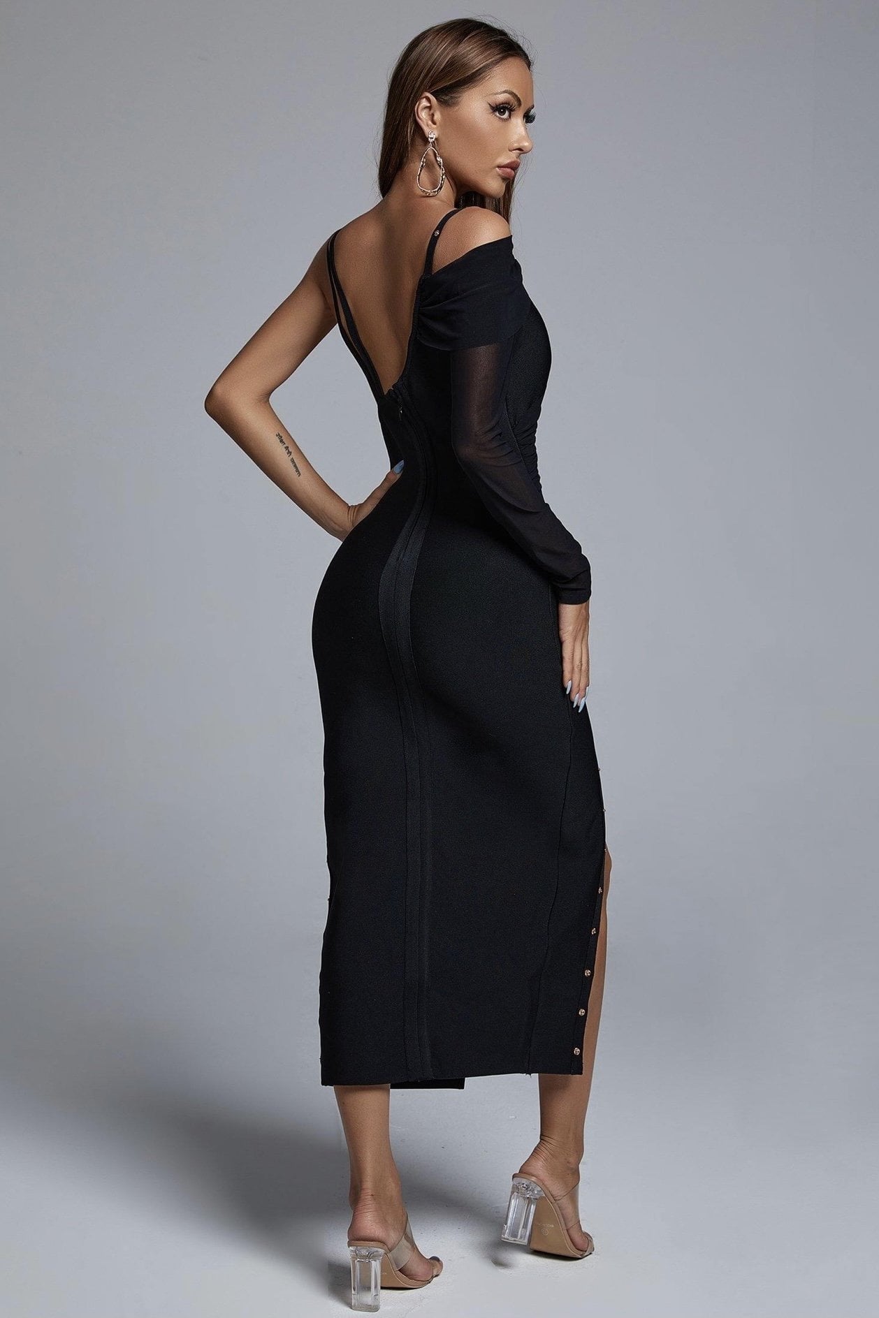 ONE SHOULDER SAFETY PIN MIDI DRESS