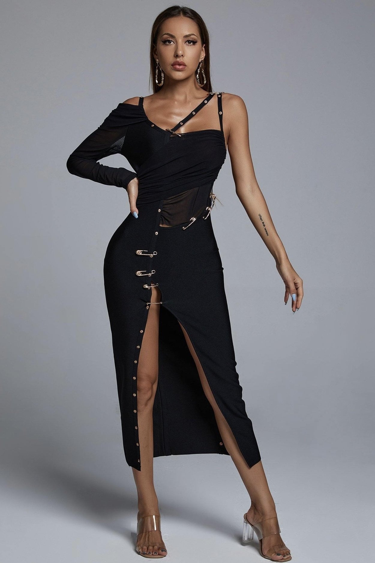ONE SHOULDER SAFETY PIN MIDI DRESS